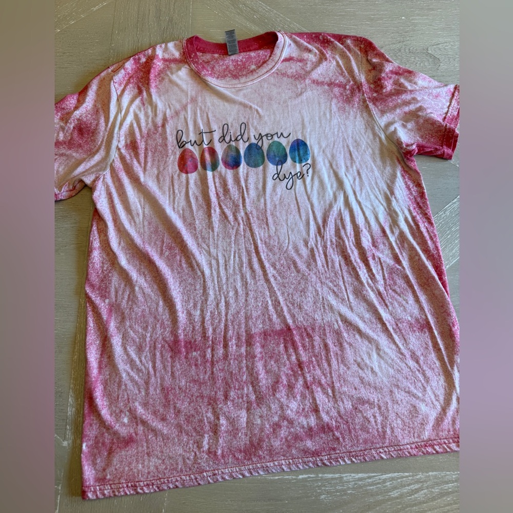 Gildan Pink Bleach-Dye Short Sleeve Tee with Easter Egg Graphic